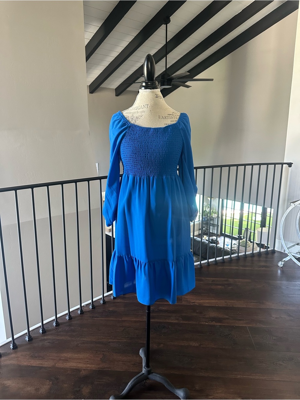Blue Long Sleeve Smocked Bodice Tiered Dress
